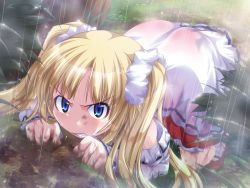 Rule 34 | 1girl, all fours, angry, blonde hair, blue eyes, bush, clenched teeth, cynthia curio, dirty, dirty face, dress, game cg, mary janes, mud, rain, shoes, sincere, solo, teeth, twintails, wet, wet clothes