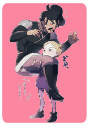 Rule 34 | 2boys, bebinn, black eyes, blonde hair, blue eyes, blush, carrying, carrying person, child, crown, daida, facial hair, full body, hair strand, male focus, multiple boys, mustache, nikomi (nikomix), ousama ranking, pink background, prince, short hair, size difference, smile, thick eyebrows, translation request