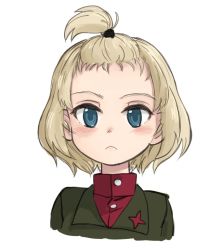 Rule 34 | 10s, 1girl, alternate hairstyle, blonde hair, blue eyes, closed mouth, commentary, cropped torso, emblem, forehead, front ponytail, frown, girls und panzer, green jacket, hair tie, hair up, jacket, katyusha (girls und panzer), long sleeves, looking at viewer, nogitatsu, portrait, pravda school uniform, red shirt, school uniform, shirt, short hair, simple background, solo, turtleneck, white background