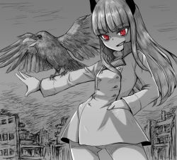Rule 34 | 1girl, bird, coat, crow, grete m. gollob, grin, liar lawyer, long hair, monochrome, raven, red eyes, ruins, smile, strike witches, world witches series