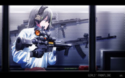 Rule 34 | 1girl, assault rifle, bad id, bad pixiv id, black gloves, commentary request, copyright name, girls&#039; frontline, gloves, grey hair, gun, hair between eyes, headphones, highres, holding, holding gun, holding weapon, ihobus, letterboxed, long hair, long sleeves, looking to the side, m4a1 (girls&#039; frontline), midriff, navel, profile, rifle, scope, solo, standing, turtleneck, upper body, weapon