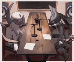 Rule 34 | absol, blue fur, border, bright pupils, chair, creatures (company), game freak, gen 3 pokemon, gen 4 pokemon, lucario, microphone, microphone stand, nintendo, no humans, paper, plant, pokemon, pokemon (creature), red eyes, reo (mmocc123), sitting, table, white border, white fur, white pupils, wooden table