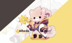 Rule 34 | albedo (genshin impact), cat, character name, cremechii, fur, genshin impact, highres, no humans, solo, yellow background