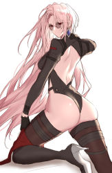 Rule 34 | 1girl, ass, black gloves, boots, closed mouth, dungeon and fighter, earrings, female slayer (dungeon and fighter), from behind, glasses, gloves, high heel boots, high heels, highres, jewelry, light, long hair, red eyes, simple background, solo, spectre (dungeon and fighter), sunglasses, thigh boots, thighhighs, tinted eyewear, usamero, very long hair, white background, white hair