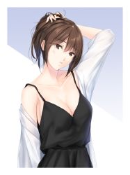 Rule 34 | 1girl, black dress, breasts, brown eyes, brown hair, casual, cleavage, dress, hand on own head, hand up, highres, looking at viewer, medium breasts, nayuta69, open clothes, open shirt, original, parted lips, ponytail, shirt, solo, upper body, white shirt