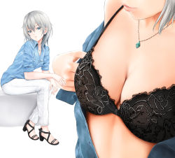Rule 34 | 1girl, anastasia (idolmaster), black bra, blue eyes, bra, breasts, cleavage, close-up, closed mouth, hair between eyes, high heels, idolmaster, idolmaster cinderella girls, irohakaede, jewelry, lace, lace-trimmed bra, lace trim, lips, looking at viewer, medium hair, multiple girls, multiple views, necklace, open clothes, open shirt, pendant, sandals, shirt, silver hair, simple background, sitting, sleeves rolled up, small breasts, underwear, white background