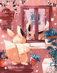 Rule 34 | :o, animal focus, artist name, brown fur, commentary request, creatures (company), eevee, flower, game freak, gen 1 pokemon, glass, hanabusaoekaki, highres, leaf, looking at mirror, mirror, nintendo, no humans, plant, poke ball symbol, pokemon, pokemon (creature), potted plant, red flower, red rose, reflection, rose, solid oval eyes, sparkle, tail