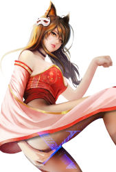 Rule 34 | 1girl, absurdres, animal ears, bare shoulders, bottomless, breasts, brown eyes, brown hair, character request, choker, covering privates, covering crotch, detached sleeves, from below, from side, heart, highres, hologram, leg up, long hair, looking at viewer, mask, parted lips, paw pose, realistic, solo, wangzhe rongyao, wanmeiyx, wide sleeves