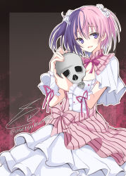 Rule 34 | 1girl, absurdres, blush, border, bow, brown border, capelet, center frills, commentary request, detached sleeves, dress, frills, hands up, highres, holding, holding skull, light brown background, long dress, looking at viewer, multicolored hair, neck ribbon, open mouth, pink bow, pink hair, pink ribbon, purple eyes, purple hair, ribbon, ruu (sorcery jokers), short hair, short sleeves, signature, simple background, skull, smile, solo, sorcery jokers, twitter username, two-tone hair, two side up, usetsusakon2, white capelet, white dress