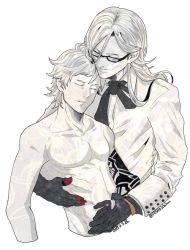 Rule 34 | 2017, 2boys, adam (nier:automata), artist name, asaki (room#102), collarbone, collared shirt, dated, eve (nier:automata), closed eyes, glasses, gloves, long hair, male focus, multiple boys, muscular, navel, nier (series), nier:automata, pale skin, parted lips, shirt, topless male, short hair, siblings, smile, tattoo, white background, white hair
