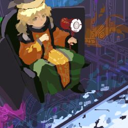 Rule 34 | 1girl, blonde hair, closed mouth, commentary request, detached sleeves, green skirt, hat, highres, holding, kaigen 1025, long hair, long skirt, long sleeves, matara okina, orange sleeves, orange tabard, shirt, sitting, sketch, skirt, solo, tabard, touhou, white shirt, yellow eyes