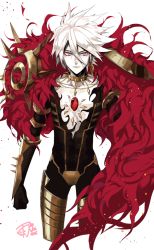 Rule 34 | 1boy, 2015, armor, bishounen, blue eyes, cape, chest jewel, collar, dated, earrings, fate/apocrypha, fate (series), fur collar, fur trim, highres, jenny7437435, jewelry, karna (fate), male focus, pale skin, signature, single earring, solo, white hair