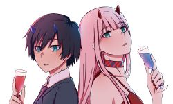 Rule 34 | 10s, 1boy, 1girl, bare shoulders, black hair, blouse, blue horns, collar, collarbone, collared shirt, commentary, couple, cup, darling in the franxx, dress, drinking glass, earrings, english commentary, formal, green eyes, grey suit, hetero, highres, hiro (darling in the franxx), holding, holding cup, horns, jewelry, long hair, nail polish, necktie, oni horns, pink hair, red collar, red dress, red horns, red nails, shirt, short hair, shriikey, sleeveless, sleeveless dress, suit, white shirt, wing collar, zero two (darling in the franxx)