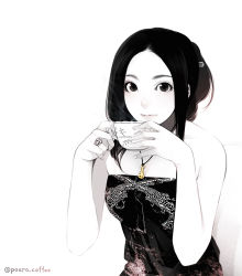 Rule 34 | 1girl, bad id, bad pixiv id, bare shoulders, black eyes, black hair, cup, dress, gun, handgun, jewelry, lips, looking at viewer, monochrome, necklace, original, poaro, revolver, ring, solo, spot color, twitter username, weapon, white background