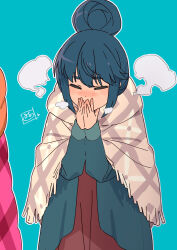 Rule 34 | 1girl, absurdres, blue background, blue hair, blue sweater, blush, breathing on hands, closed eyes, cold, hair between eyes, hair bun, highres, nose blush, outline, shima rin, simple background, single hair bun, steam, sweater, tomato (lsj44867), white outline, winter clothes, yurucamp