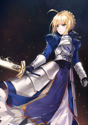 Rule 34 | 1girl, ahoge, armor, artoria pendragon (all), artoria pendragon (fate), bad id, bad pixiv id, blonde hair, blue dress, braid, breastplate, dress, embers, emyo, fate/grand order, fate (series), faulds, french braid, gauntlets, green eyes, holding, holding sword, holding weapon, juliet sleeves, long sleeves, looking to the side, parted lips, puffy sleeves, saber (fate), serious, sidelocks, solo, standing, sword, tsurime, weapon