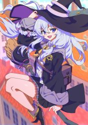 Rule 34 | 1girl, bag, black footwear, black hat, black jacket, black skirt, blouse, blue eyes, braid, broom, broom riding, carrying, collared shirt, commentary, day, elaina (majo no tabitabi), emblem, flying sweatdrops, frilled skirt, frills, hat, highres, jacket, long hair, long sleeves, looking at viewer, majo no tabitabi, miniskirt, open mouth, outdoors, pleated skirt, pointy footwear, satchel, shirt, shoes, silver hair, sitting, skirt, smile, solo, somasoutaro, white shirt, wide sleeves, witch, witch hat