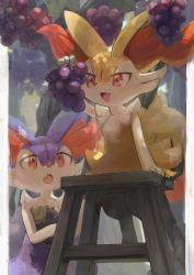 Rule 34 | :d, alternate color, animal ear fluff, braixen, commentary, creatures (company), fang, food, fruit, furry, game freak, gen 6 pokemon, grapes, highres, holding, ikei, ladder, leaf, looking up, nintendo, open mouth, orange eyes, outdoors, pokemon, pokemon (creature), shiny and normal, shiny pokemon, signature, smile, stepladder, symbol-only commentary, tongue