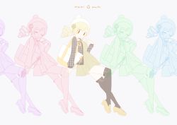 Rule 34 | 1girl, arm at side, bag, beanie, black bow, black jacket, black thighhighs, blonde hair, bow, bow legwear, breasts, brown dress, character name, clone, closed eyes, closed mouth, colorful, dress, drill hair, expressionless, facing viewer, fashion, finger to cheek, flower, full body, fur-trimmed jacket, fur trim, hair flower, hair ornament, hairpin, hand up, happy, hat, jacket, knee up, blue background, lineup, loafers, looking at viewer, mahou shoujo madoka magica, mahou shoujo madoka magica (anime), medium breasts, neck ribbon, no nose, pale color, parted bangs, parted lips, plaid, plaid jacket, pokki (sue eus), pom pom (clothes), ribbon, shoes, short dress, sideboob, simple background, smile, solid oval eyes, solo, standing, standing on one leg, text focus, thighhighs, tiptoes, tomoe mami, transparent, twin drills, white hat, yellow footwear, yellow ribbon, zettai ryouiki