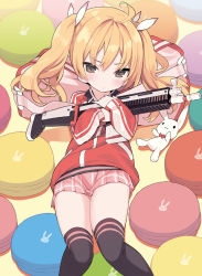 Rule 34 | 1girl, ahoge, assault rifle, black thighhighs, blade (galaxist), blonde hair, blue archive, blush, brown eyes, closed mouth, commentary request, fn scar, fn scar 17, gun, hair ribbon, holding, holding gun, holding weapon, jacket, long hair, long sleeves, lying, on back, pink skirt, red jacket, ribbon, rifle, skirt, solo, stuffed animal, stuffed rabbit, stuffed toy, thighhighs, track jacket, v-shaped eyebrows, weapon, yoshimi (blue archive)