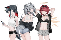 Rule 34 | 3girls, animal ear fluff, animal ears, arknights, arms behind head, black bra, black hair, black headband, black jacket, black shorts, bra, breasts, cellphone, colored tips, commentary, energy wings, exusiai (arknights), food, food in mouth, from side, grey eyes, grey hair, grey shorts, hair ornament, hair over one eye, hairclip, halo, headband, highres, holding, holding phone, jacket, lappland (arknights), looking at viewer, looking back, looking down, medium breasts, multicolored hair, multiple girls, phone, pocky, profile, red eyes, red hair, s 4ik4, shirt, short hair, shorts, simple background, smile, tail, tank top, texas (arknights), underwear, white background, white bra, white shirt, wolf ears, wolf girl, wolf tail