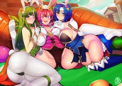 Rule 34 | 3girls, alternate breast size, animal ears, ass, blue eyes, blue hair, blush, breasts, carrot, catria (fire emblem), cleavage, closed mouth, cloud, day, easter egg, egg, elbow gloves, est (fire emblem), fake animal ears, fake tail, female focus, fire emblem, fire emblem: mystery of the emblem, fire emblem heroes, flower, from side, gloves, green eyes, green hair, hair flower, hair ornament, headband, highres, large breasts, leotard, long hair, looking to the side, matching hair/eyes, multiple girls, nintendo, open mouth, outdoors, palla (fire emblem), pink eyes, pink hair, playboy bunny, rabbit ears, rabbit tail, revolverwing, short hair, siblings, sisters, sky, smile, spread legs, tail, white gloves, white headband, white legwear