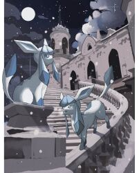 Rule 34 | building, creatures (company), european architecture, game freak, gen 4 pokemon, glaceon, highres, moon, night, night sky, nintendo, no humans, open mouth, outdoors, pillarboxed, pokemon, pokemon (creature), reo (mmocc123), sky, stairs