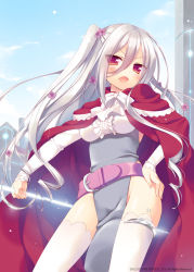 Rule 34 | 1girl, belt, blush, cape, contrapposto, cowboy shot, day, drill hair, galaxy dungeon, hand on own hip, long hair, one side up, open mouth, red eyes, sazaki ichiri, silver hair, sky, solo, standing, thighhighs, twin drills, white thighhighs