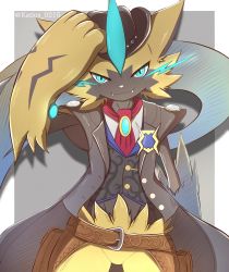 Rule 34 | 1boy, adjusting clothes, adjusting headwear, animal nose, arm up, artist name, belt, black coat, black fur, black hat, black vest, blue eyes, body fur, border, brooch, buttons, chaps, closed mouth, clothed pokemon, coat, cowboy shot, creatures (company), fangs, fangs out, furry, furry male, game freak, gen 7 pokemon, glowing, grey background, happy, hat, highres, jewelry, katios 0215, legendary pokemon, looking at viewer, male focus, mythical pokemon, necktie, nintendo, open clothes, open coat, outside border, pokemon, pokemon (creature), pouch, red necktie, shirt, simple background, smile, solo, standing, straight-on, two-tone fur, vest, watermark, whiskers, white border, white shirt, yellow fur, zeraora