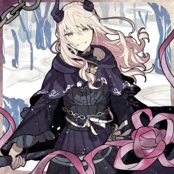 Rule 34 | 1other, akiyama mizuki, black dress, black horns, broken horn, cape, center frills, chain, dress, forest, frills, heart-shaped lock, horns, hoshi-toge, long hair, long sleeves, looking at viewer, nature, parted lips, pink eyes, pink hair, pink ribbon, project sekai, purple cape, ribbon, sidelocks, smile, upper body, white background, yellow ribbon