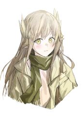 Rule 34 | 1girl, arknights, blush, brown hair, closed mouth, commentary, cropped torso, fringe trim, green jacket, green scarf, hand up, highres, jacket, long hair, long sleeves, looking at viewer, muelsyse (arknights), open clothes, open jacket, pointy ears, puffy long sleeves, puffy sleeves, qwq22565156, scarf, shirt, simple background, sleeves past wrists, smile, solo, upper body, very long hair, white background, white shirt, yellow eyes