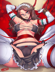 Rule 34 | 1girl, artist name, bad id, bad pixiv id, bare shoulders, black panties, blue eyes, bow, bow panties, breasts, brown hair, cameltoe, cleavage, elbow gloves, frills, garter belt, garter straps, glasses, gloves, jjune, large breasts, long hair, looking at viewer, maid, maid headdress, mole, mole under eye, mouth hold, navel, open clothes, open skirt, original, panties, sitting, skirt, smile, solo, spread legs, sweat, thighhighs, underwear, white gloves, white thighhighs