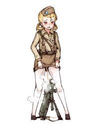 Rule 34 | 1girl, blonde hair, blush, clothes lift, crew-served weapon, garrison cap, girls&#039; frontline, hair rings, hat, lifted by self, m2 (girls&#039; frontline), m2 mortar, military, military uniform, miniskirt, mortar (weapon), pee, peeing, pencil skirt, red eyes, skirt, skirt lift, solo, steam, stmast, tight skirt, uniform, white background