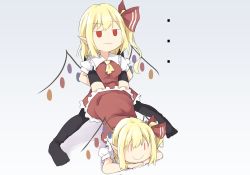 Rule 34 | 2girls, ascot, black legwear, blonde hair, blush, bow, closed mouth, crystal, facing viewer, flandre scarlet, frilled shirt collar, frills, hair between eyes, hair bow, hair ornament, hands on ground, highres, holding, holding legs, jack-o&#039; challenge, multicolored wings, multiple girls, red eyes, red ribbon, red skirt, red vest, ribbon, rushigi0, shirt, short sleeves, side ponytail, simple background, skirt, smile, spread legs, thighhighs, top-down bottom-up, touhou, unamused, vampire, vest, white shirt, wings, yellow ascot