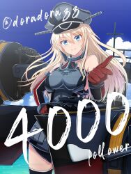 Rule 34 | 1girl, anchor ornament, bare shoulders, bismarck (kancolle), black thighhighs, blonde hair, blue eyes, blue sky, breasts, cloud, cowboy shot, detached sleeves, gloves, grey hat, hat, headgear, highres, kantai collection, large breasts, long hair, looking at viewer, machinery, milestone celebration, military hat, military uniform, peaked cap, red gloves, roko roko (doradorazz), sky, solo, thighhighs, twitter username, uniform, watermark