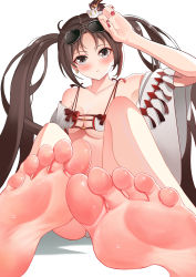 Rule 34 | 1girl, absurdres, artist request, blush, breasts, brown hair, cleavage, earrings, fate/grand order, fate (series), feet, foot tocus, grey eyes, highres, jewelry, long hair, looking at viewer, medium breasts, nail polish, sitting, soles, solo, sunglasses on head, toes, twintails, very long hair, yu mei-ren (fate), yu mei-ren (swimsuit lancer) (fate)