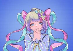 Rule 34 | 1girl, @ @, blue hair, bow, chouzetsusaikawa tenshi-chan, english text, fukowaikaga, grey hair, hair bow, highres, interlocked fingers, long hair, long sleeves, looking at viewer, multicolored hair, multicolored nails, multiple hair bows, nail polish, neck ribbon, needy girl overdose, own hands clasped, own hands together, parted lips, pink hair, quad tails, ribbon, sailor collar, smile, solo, upper body, very long hair