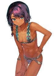 Rule 34 | 1girl, bikini, blunt bangs, blush, braid, breasts, collarbone, cowboy shot, dark-skinned female, dark skin, green eyes, hand on own hip, hand on own thigh, highres, hip focus, konbu wakame, leaning forward, looking at viewer, mole, mole on breast, mole on thigh, mole under eye, navel, original, outline, purple hair, revision, short hair, sidelocks, simple background, small breasts, solo, swimsuit, thigh gap, thighs, toned, white background