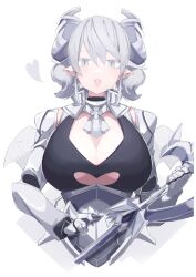 Rule 34 | 1girl, arm guards, armor, breasts, cleavage, clothing cutout, demon girl, demon horns, duel monster, female focus, heart, heart cutout, highres, horns, huge breasts, lady labrynth of the silver castle, looking at viewer, lovely labrynth of the silver castle, pointy ears, sakuragi raia, sword, tagme, weapon, white eyes, white hair, yu-gi-oh!