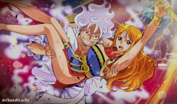 Rule 34 | 1boy, 1girl, armpits, bandaid, bandaid on face, carrying, carrying person, chandllucky, couple, gear fifth, gomu gomu no mi, grin, hat on back, highres, injury, japanese clothes, kimono, lightning, monkey d. luffy, nami (one piece), one piece, orange hair, red eyes, shirt, smile, white hair, white shirt