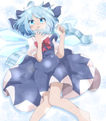Rule 34 | 1girl, :&lt;, ahoge, blue bow, blue dress, blue eyes, blue hair, blue scarf, blush, bow, bowtie, cirno, clenched hand, commentary request, do (4-rt), dress, glowing, glowing wings, hair bow, hand to own mouth, hands up, highres, ice, ice wings, knees together feet apart, lens flare, looking at viewer, lying, open mouth, pinafore dress, puffy short sleeves, puffy sleeves, red bow, red bowtie, scarf, short hair, short sleeves, sleeveless dress, snow, solo, strap slip, touhou, wings