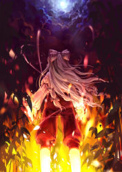 Rule 34 | 1girl, back, bamboo, bamboo forest, cloud, female focus, fire, forest, from behind, fujiwara no mokou, full moon, hair ribbon, light, long hair, moon, nature, night, ribbon, sankusa, silver hair, solo, standing, touhou