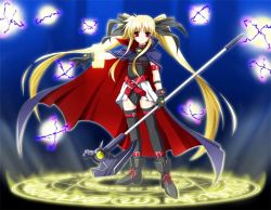 Rule 34 | 00s, 1girl, bardiche (device form) (nanoha), bardiche (nanoha), blonde hair, fate testarossa, fate testarossa (original form), long hair, lyrical nanoha, mahou shoujo lyrical nanoha, solo, thighhighs, twintails, very long hair