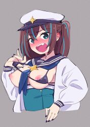 Rule 34 | 1girl, akoya matama, black bra, black nails, blue hair, blue neckerchief, blue sailor collar, blush, bra, bra lift, breasts, brown hair, cropped torso, grey background, grey hair, hat, highres, large breasts, loco musica, long sleeves, looking at viewer, mahou shoujo ni akogarete, multicolored hair, neckerchief, nipples, open clothes, open mouth, open shirt, peaked cap, sailor collar, shirt, simple background, sleeve cuffs, solo, star (symbol), streaked hair, twintails, ukokkei, underwear, white hat, white shirt