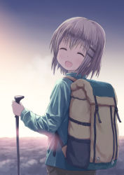 Rule 34 | 10s, 1girl, above clouds, backpack, bag, blush, cane, closed eyes, cloud, from behind, grey hair, hair ornament, hairclip, hiking pole, isou nagi, long sleeves, looking back, open mouth, outdoors, short hair, smile, solo, sunrise, yama no susume, yukimura aoi