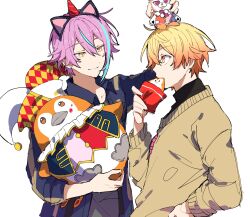 Rule 34 | 2boys, animal ears, aqua hair, asymmetrical bangs, blonde hair, closed mouth, earrings, fake animal ears, gradient hair, highres, holding, holding stuffed toy, hoshi-toge, jewelry, kamishiro rui, kigurumi-san (project sekai), long sleeves, male focus, multicolored hair, multiple boys, orange eyes, orange hair, phenny (project sekai), project sekai, purple hair, short hair, star (symbol), streaked hair, stuffed toy, tenma tsukasa, upper body, white background, yellow eyes