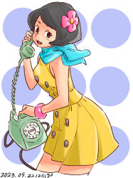 Rule 34 | 1girl, absurdres, antique phone, bare shoulders, black eyes, black hair, blue neckerchief, bracelet, cropped legs, dated, dress, fashion, flower, hair flower, hair ornament, hari tabo42, highres, holding, holding phone, jewelry, looking at viewer, neckerchief, open mouth, original, phone, polka dot, polka dot background, rotary phone, signature, sleeveless, sleeveless dress, solo, teeth, upper teeth only, yellow dress