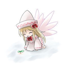 Rule 34 | 1girl, blonde hair, blush, chibi, female focus, hat, highres, lily white, open mouth, ribbon, smile, solo, sprout, touhou, wings, yume shokunin