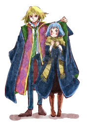 Rule 34 | 1boy, 1girl, absurdres, blonde hair, blue coat, blue eyes, blue hair, blue pants, blush stickers, bob cut, boots, brown eyes, brown footwear, closed mouth, coat, cosplay, earrings, frown, full body, green neckwear, harry potter (series), highres, hogwarts school uniform, howl (howl no ugoku shiro), howl no ugoku shiro, hufflepuff, huge filesize, jewelry, long sleeves, looking at viewer, maru (hardrock5150), open clothes, open coat, outstretched arm, pants, robe, scarf, school uniform, shared clothes, shared coat, short hair, simple background, slytherin, smile, sophie (howl no ugoku shiro), standing, striped clothes, striped scarf, white background, wizarding world, yellow scarf