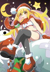 Rule 34 | 1girl, black thighhighs, blonde hair, blush stickers, capelet, christmas, crescent moon, crossed legs, doughnut, eating, food, gesugesu ahoaho, gloves, hair between eyes, hat, highres, long hair, looking at viewer, midriff, monogatari (series), moon, mouth hold, oshino shinobu, red capelet, red footwear, red gloves, red hat, red scarf, santa hat, scarf, sitting, snowman, solo, star (symbol), thighhighs, yellow eyes